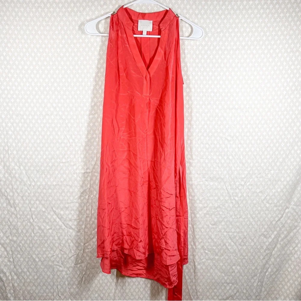 Anthropologie Aryn K Coral Pink Silk Belted‎ Trapeze Dress